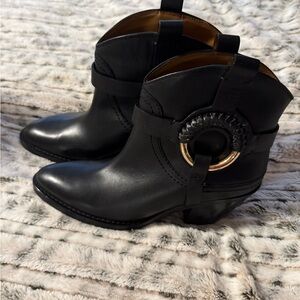 NWOT See by Chloe - Elegant Black Ankle Boots with Gold Ring Detail